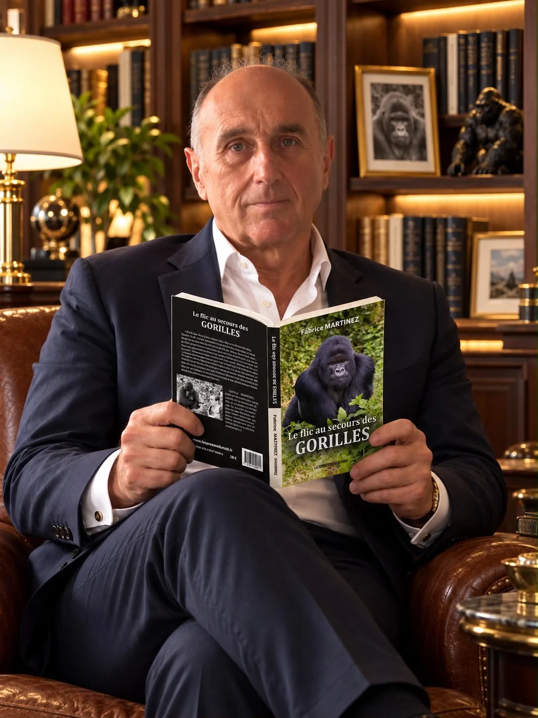 Fabrice Martinez, assis dans un fauteuil, tient son livre Le Flic au secours des gorilles