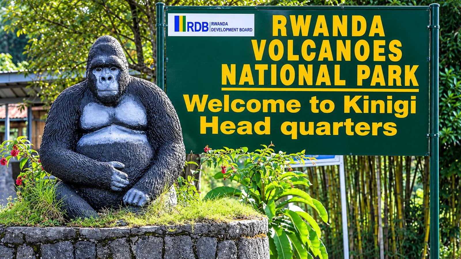 Statue de gorille devant le panneau du parc national des Volcans, Welcome to Kinigi Headquarters